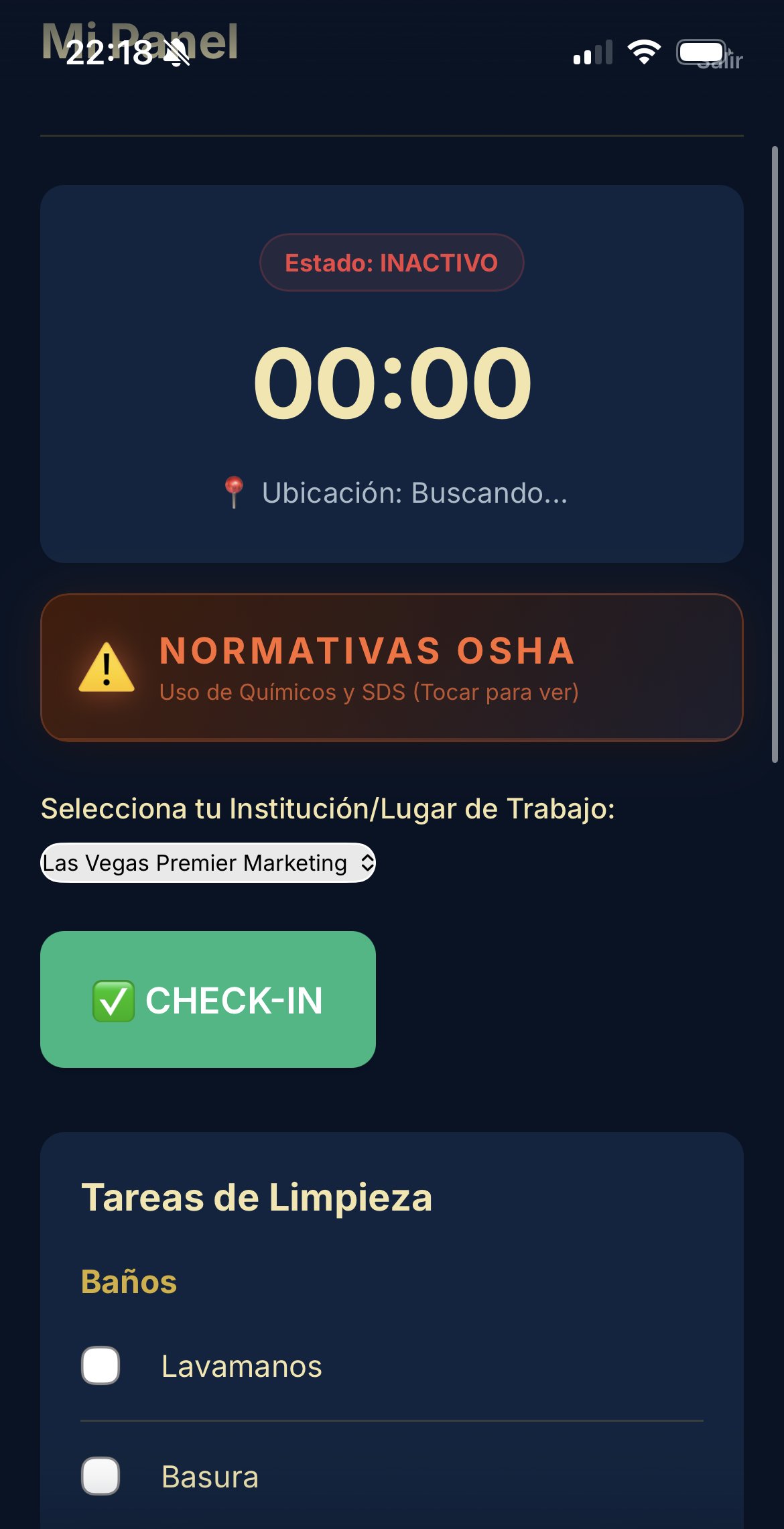 Employee check-in screen